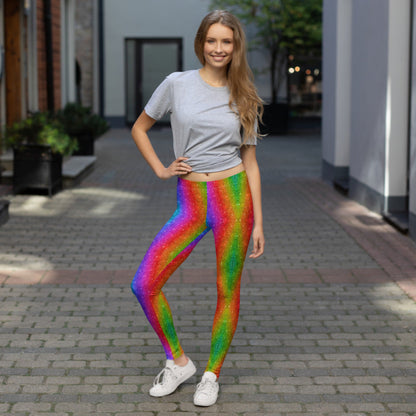 Make a bold statement in rainbow swirl glitter leggings for women, great for LGBTQ+ celebrations, 5K runs, Mardi Gras, or music festivals. These vibrant full-length leggings offer a flattering mid-rise cut and four-way stretch. Ideal for matching family sets or standalone looks, these leggings are equal parts fun and functional, with a colorful print that shines without actual glitter.
