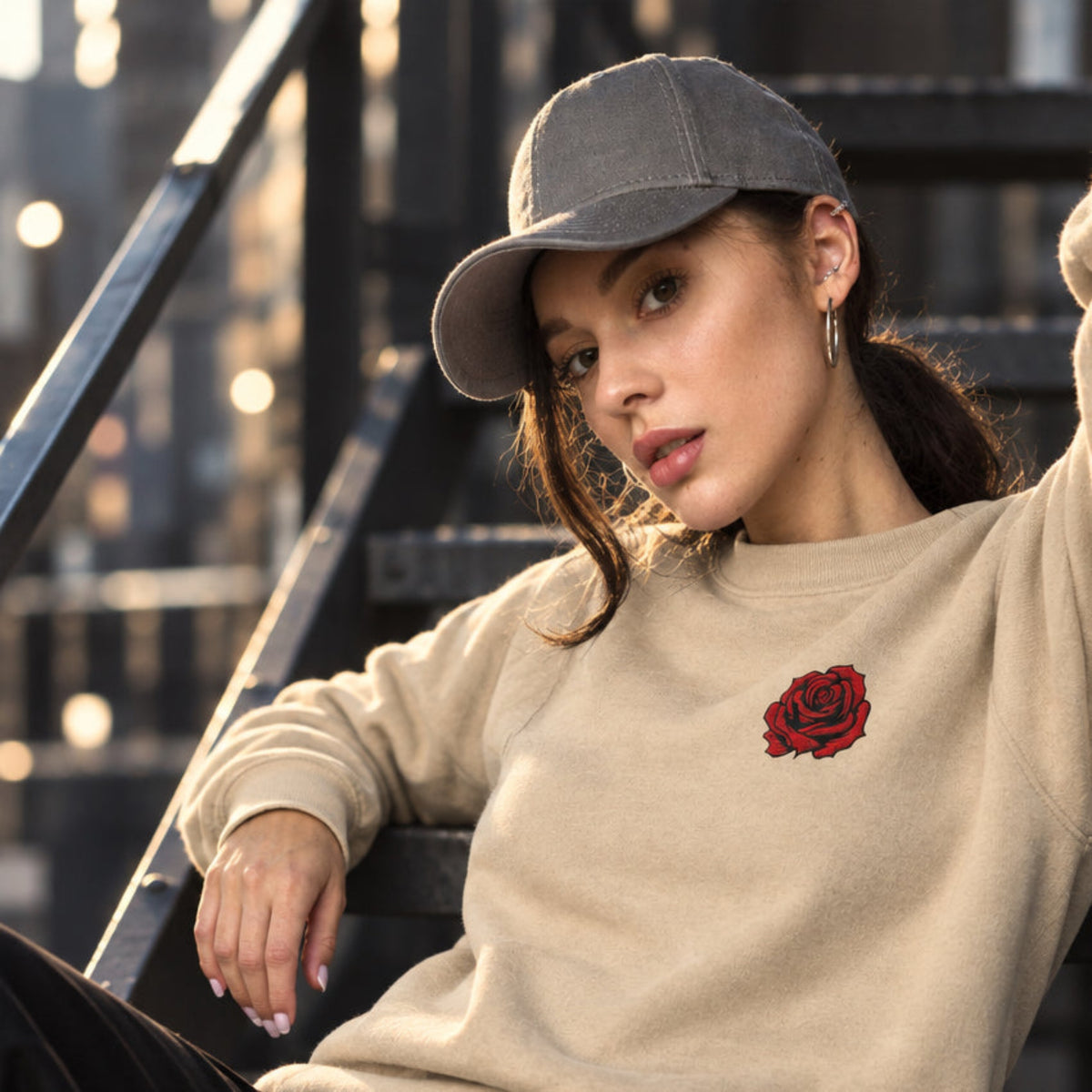 Woman wearing a sand colored crewneck sweatshirt featuring a red embroidered rose on the chest while sitting on metal stairs. The photo highlights the sweatshirt’s relaxed fit, long sleeves, and delicate floral embroidery against the neutral fabric. This women’s embroidered rose sweatshirt combines classic floral style with casual everyday comfort, making it a thoughtful gift for June birthdays, floral lovers, and women who appreciate timeless rose designs.