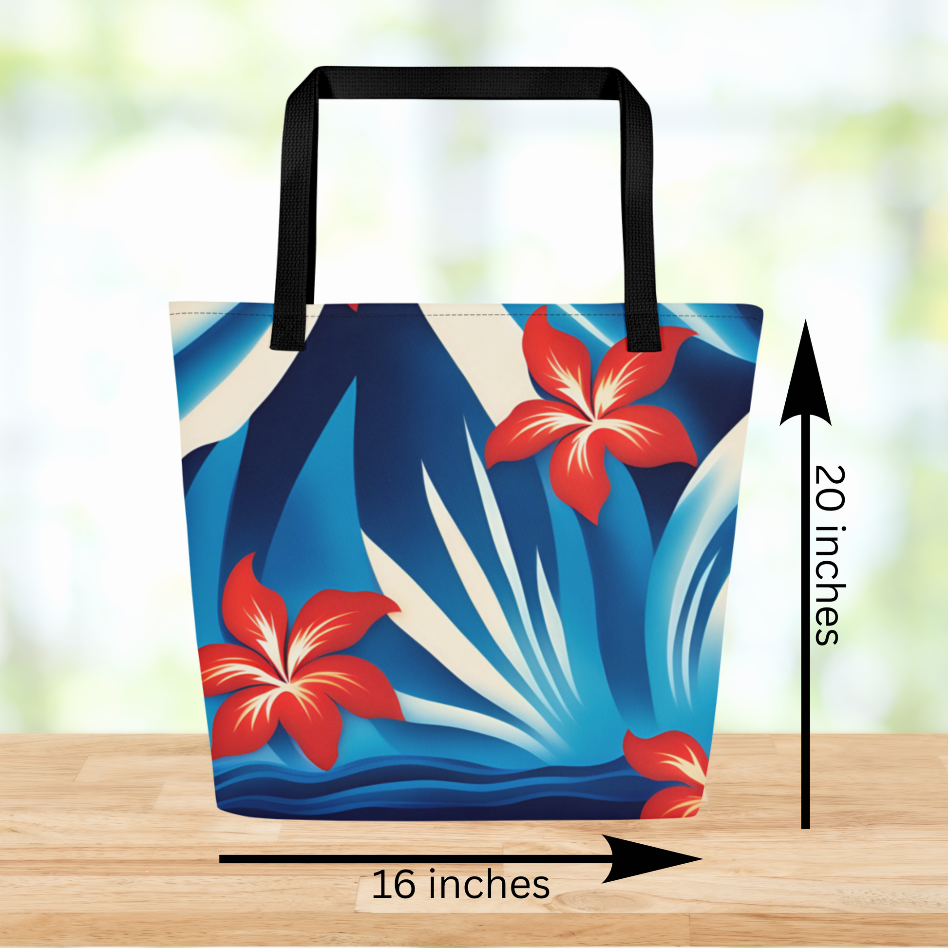 Large patriotic tote bag with red white and blue Hawaiian print, perfect for outdoor events, festivals, concerts, picnics, and community celebrations. Spacious carryall design holds water bottles, sunscreen, snacks, light layers, and everyday essentials with ease. This tote measures 16 inches wide and 20 inches tall. Lightweight fabric and comfortable shoulder straps make it easy to bring along for summer days. Festive tropical style adds a fun statement look for holiday weekends and outdoor gatherings.