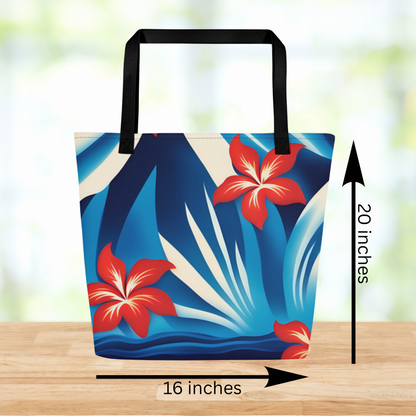 Large patriotic tote bag with red white and blue Hawaiian print, perfect for outdoor events, festivals, concerts, picnics, and community celebrations. Spacious carryall design holds water bottles, sunscreen, snacks, light layers, and everyday essentials with ease. This tote measures 16 inches wide and 20 inches tall. Lightweight fabric and comfortable shoulder straps make it easy to bring along for summer days. Festive tropical style adds a fun statement look for holiday weekends and outdoor gatherings.