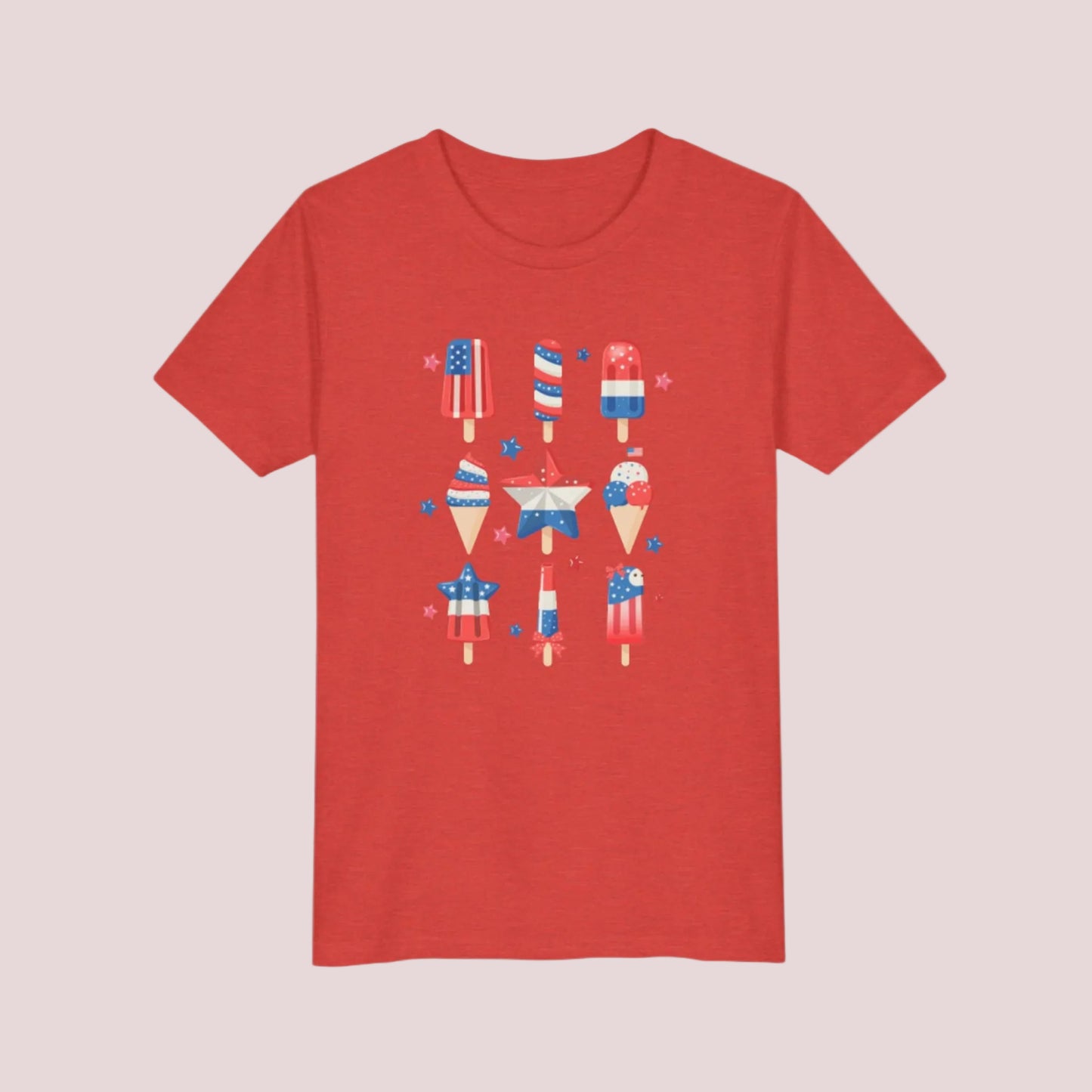 Image: Celebrate summer freedom in style with this red white and blue popsicle shirt for children. Offered in sizes S to XL, this playful tee is perfect for 4th of July and Memorial Day festivities. Whether matched with siblings or worn solo, this patriotic top brings cheer and comfort to any child ready to enjoy a sunny day of celebration, by jaecrece.