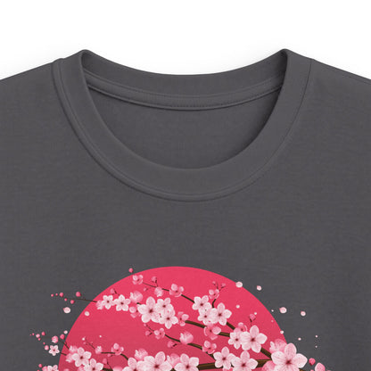 Close-up of a dark gray crewneck t-shirt featuring a graphic print of pink cherry blossoms against a vibrant pink moon on the front.