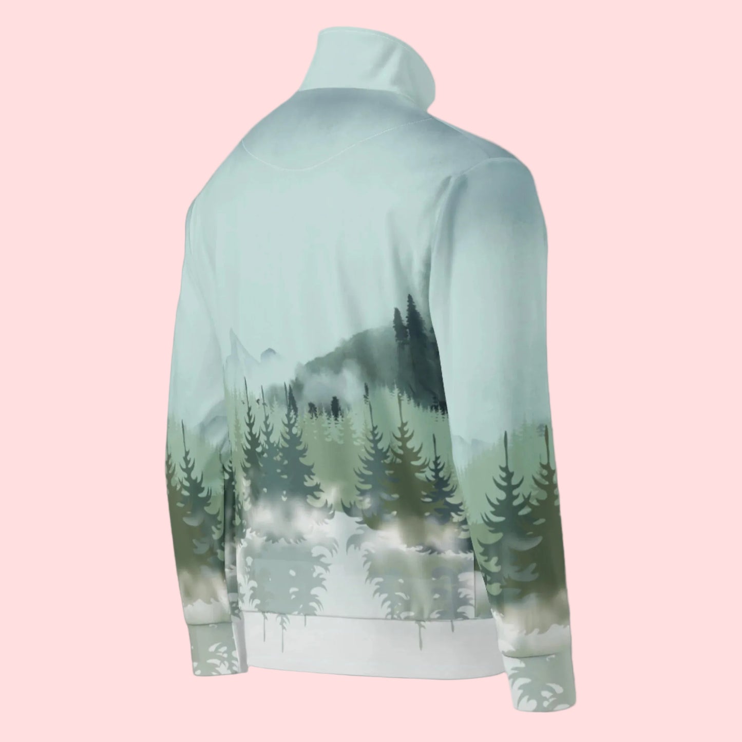 Image: Winter Forest Unisex Track Jacket. This nature inspired workout jacket has an ombre snowy mountain print that fades from a blue gray sky to mountains and pine trees to white snow. Suitable for men and women, by jaecrece