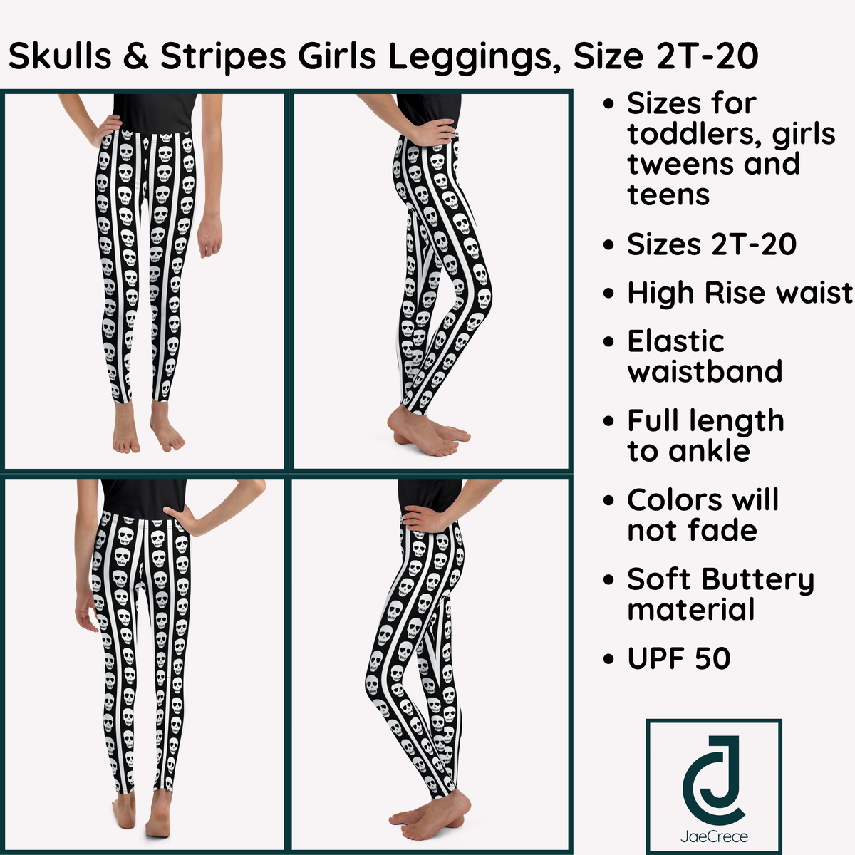 Product information graphic for girls skull leggings featuring a black and white striped skull print, available in sizes 2T through 20, with matching women’s sizes available. The graphic highlights the stretchy comfortable fabric, made to order production, 5 to 7 business day production time, free U.S. shipping, tracked delivery, and 30 day returns on eligible non personalized items.
