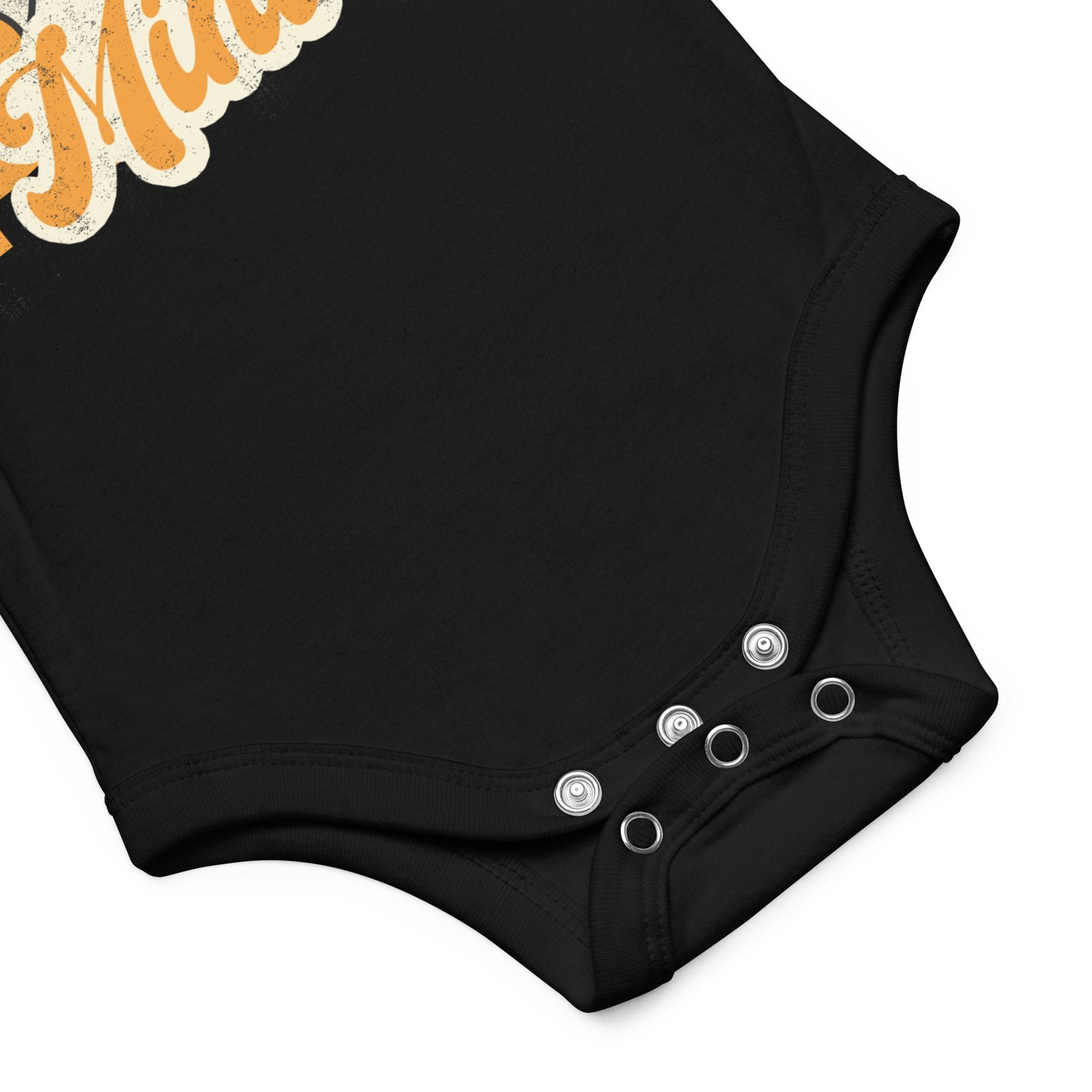 Baby's first Halloween outfit featuring a black Spooky Mini Vibes bodysuit with a whimsical ghost, orange and cream lettering, and distressed retro Halloween graphics. Perfect for matching family Halloween outfits, sibling pictures, pumpkin patch trips, and festive fall photos.