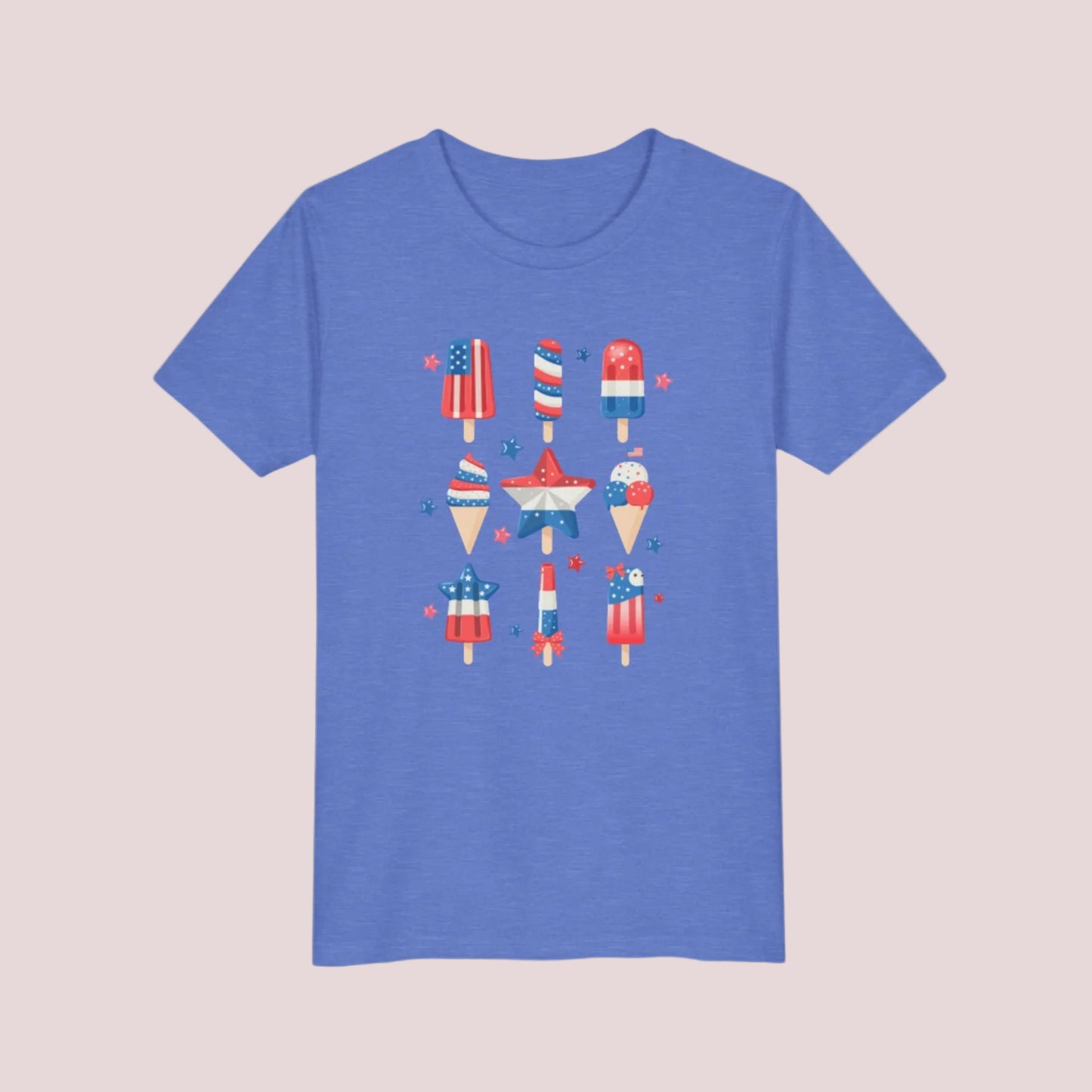 Image: Your child will shine bright in this stars and stripes popsicle shirt, made for kids in sizes S to XL. The red white and blue design celebrates all things American, making it a must have for patriotic holidays. Great for summer adventures, this fun tee is soft and breathable, ideal for family barbecues, flag waving, and firework watching, by jaecrece.