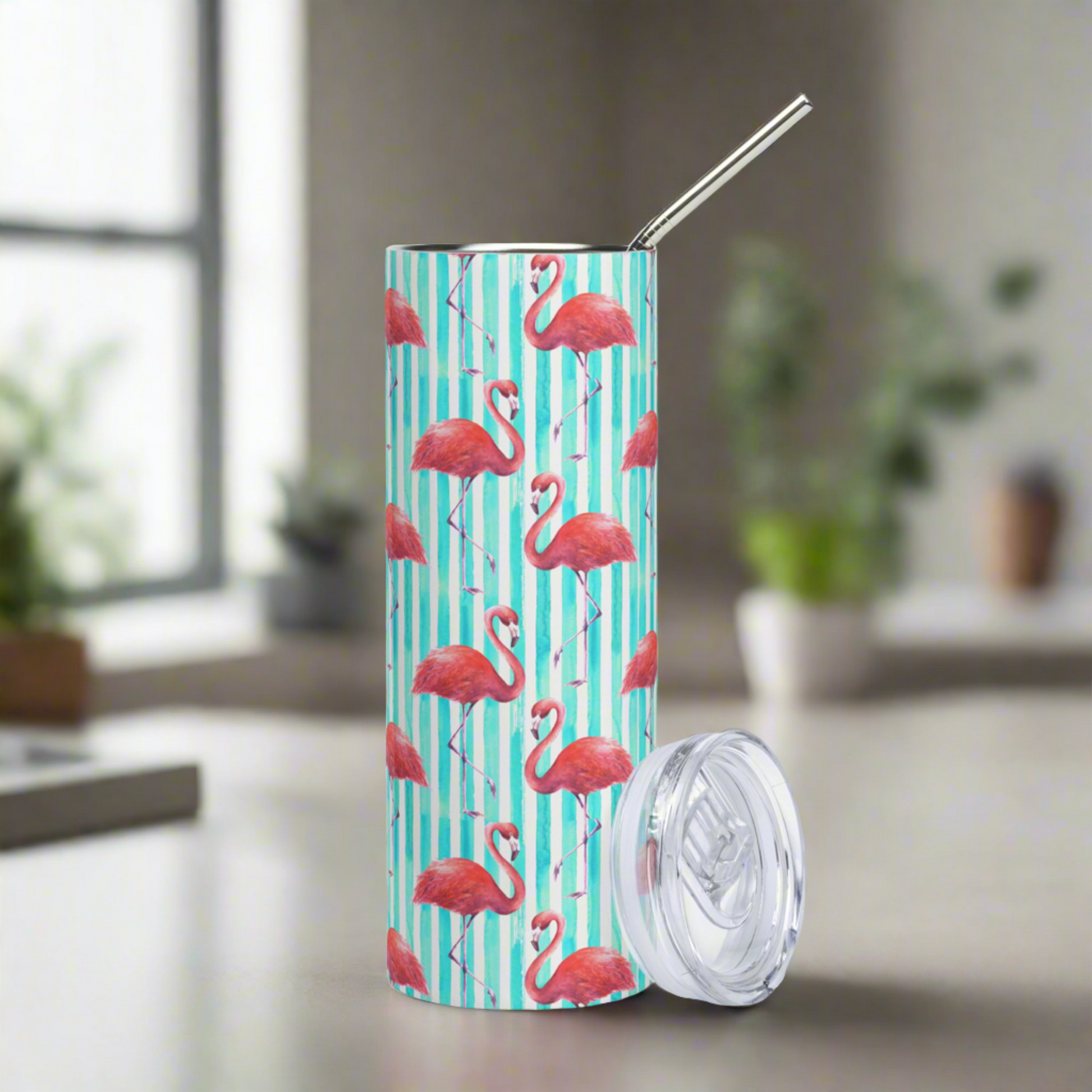 Vibrant summer flamingo stainless steel tumbler with colorful tropical print, perfect for iced coffee, cold drinks, and beach days. This 20 oz insulated tumbler with lid and straw is ideal for flamingo lovers, coastal vacations, and poolside parties. Great gift for women, moms, or friends who enjoy fun summer drinkware and reusable travel mugs. Cute flamingo cup that keeps drinks cold in style.