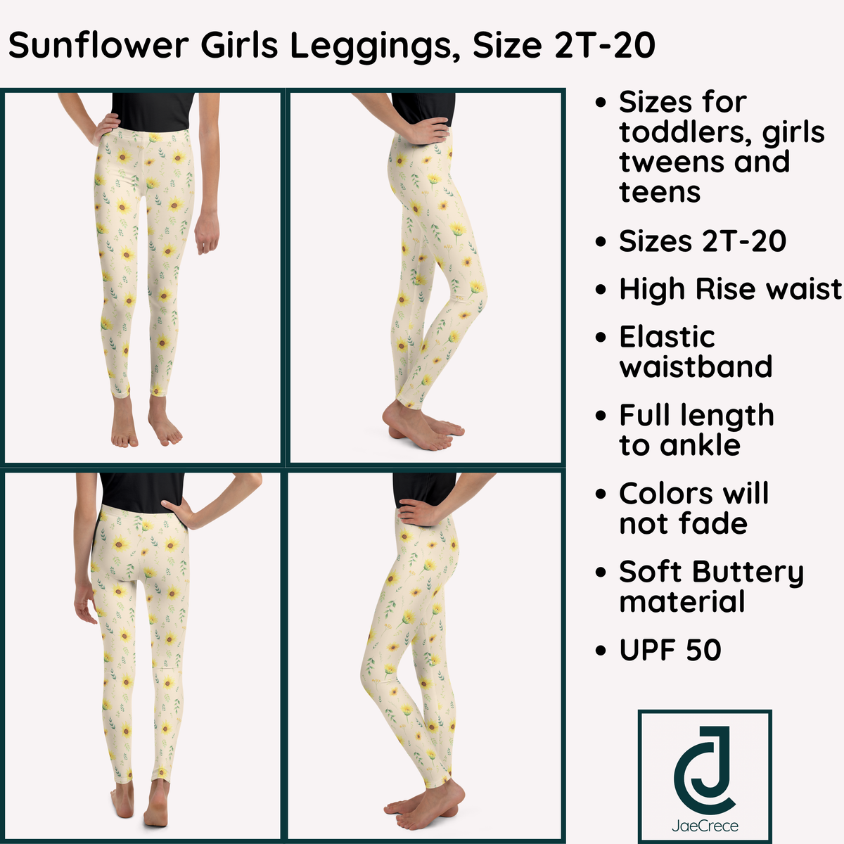 Girls high rise leggings featuring a wildflower botanical print with yellow sunflowers, green leaves and delicate flowers on a cream background. The raised waistband provides a comfortable fit while the full length design offers versatile coverage. Four way stretch makes the leggings practical for school, playtime, walking, travel and everyday activities. The cottagecore inspired floral pattern adds a cheerful garden feeling to casual outfits for toddlers, kids, tweens and teens.