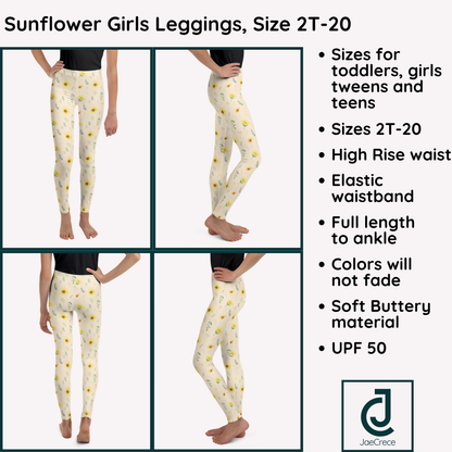 Girls high rise leggings featuring a wildflower botanical print with yellow sunflowers, green leaves and delicate flowers on a cream background. The raised waistband provides a comfortable fit while the full length design offers versatile coverage. Four way stretch makes the leggings practical for school, playtime, walking, travel and everyday activities. The cottagecore inspired floral pattern adds a cheerful garden feeling to casual outfits for toddlers, kids, tweens and teens.