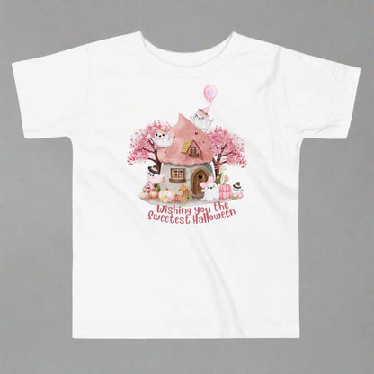 Pink toddler tshirt with a storybook cottage, pink trees, pink pumpkins and five sweet ghosts. The text reads Wishing you the sweetest halloween, by jaecrece