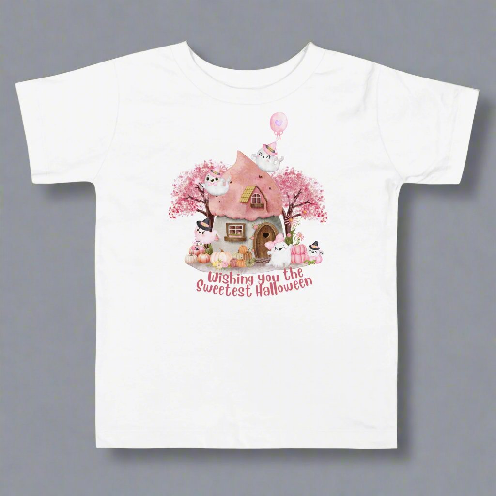 Pink toddler tshirt with a storybook cottage, pink trees, pink pumpkins and five sweet ghosts. The text reads Wishing you the sweetest halloween, by jaecrece