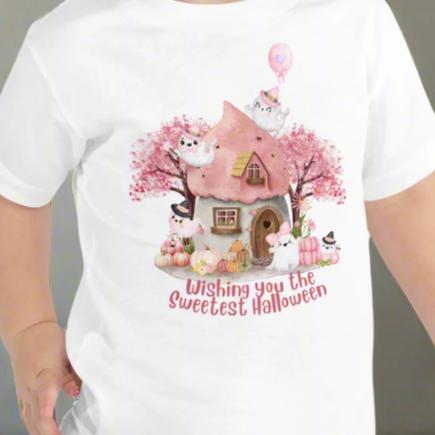 Pink toddler tshirt with a storybook cottage, pink trees, pink pumpkins and five sweet ghosts. The text reads Wishing you the sweetest halloween, by jaecrece