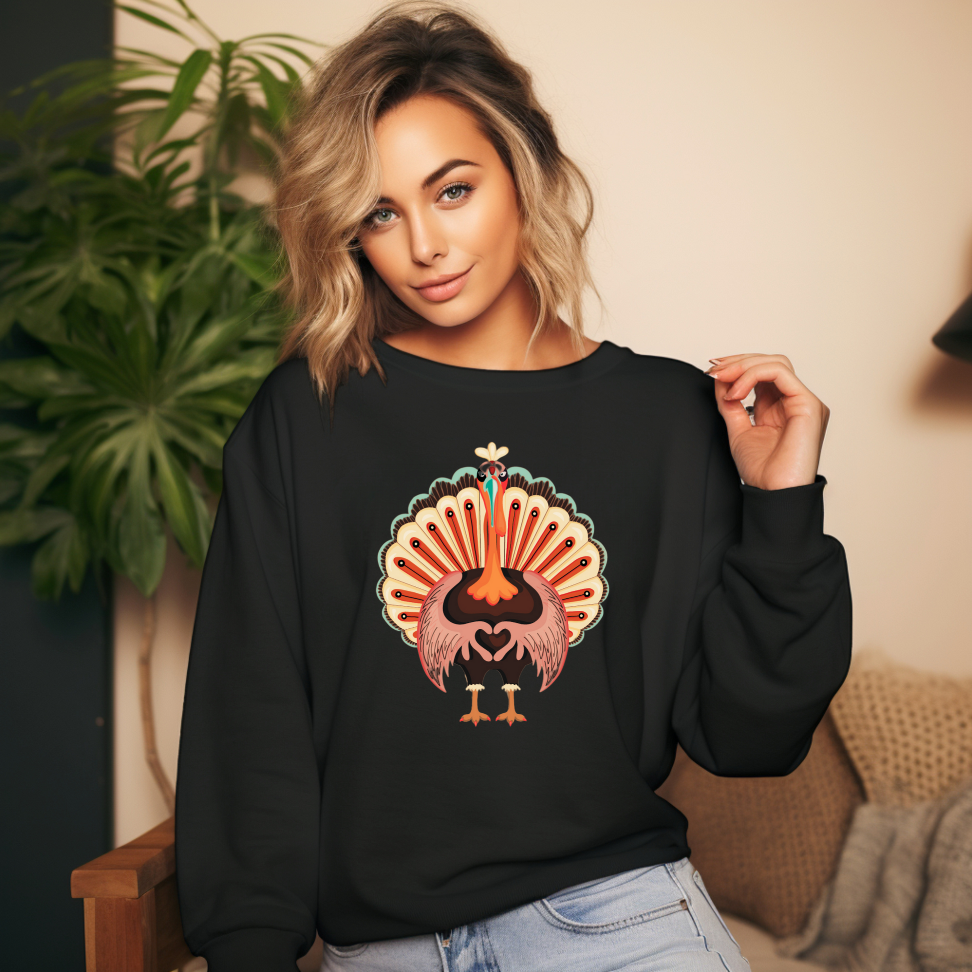 A woman wearing a black crewneck sweatshirt with a colorful graphic of a turkey inside a fan shape, posed in a cozy indoor setting with a plant in the background. Cute turkey Thanksgiving sweatshirt featuring a playful colorful turkey with heart shaped wings, perfect for Friendsgiving, family photos, holiday gatherings and cozy fall days