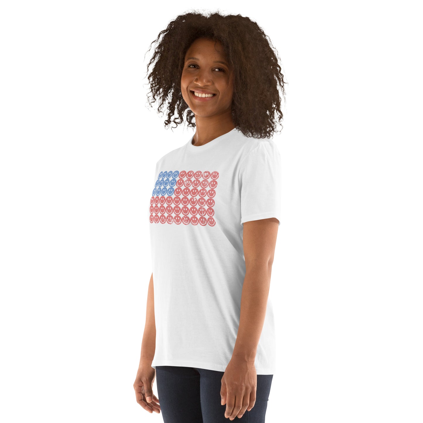 White adult tshirt, featuring a Fourth of July pattern of red and blue smiley faces which form an American flag. by jaecrece.com