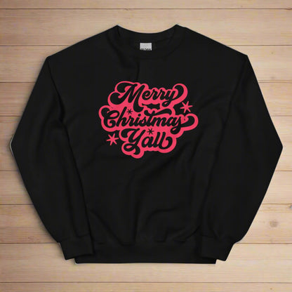 Merry Christmas Y'all Unisex Holiday Adult Sweatshirt, featuring large cursive script with reads Merry Christmas Y'all in red lettering. The perfect Southern Christmas gift or present, extended/ plus size available. by jaecrece