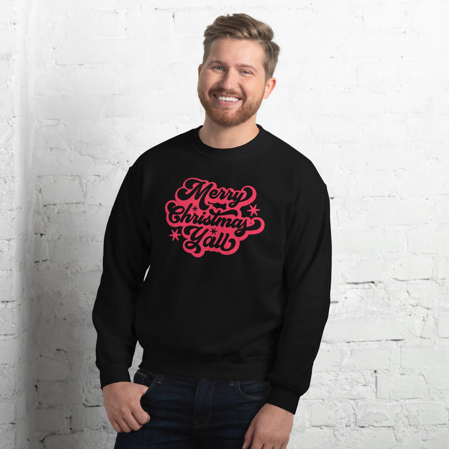 Merry Christmas Y'all Unisex Holiday Adult Sweatshirt, featuring large cursive script with reads Merry Christmas Y'all in red lettering. The perfect Southern Christmas gift or present, 3extended/ plus size available. by jaecrece