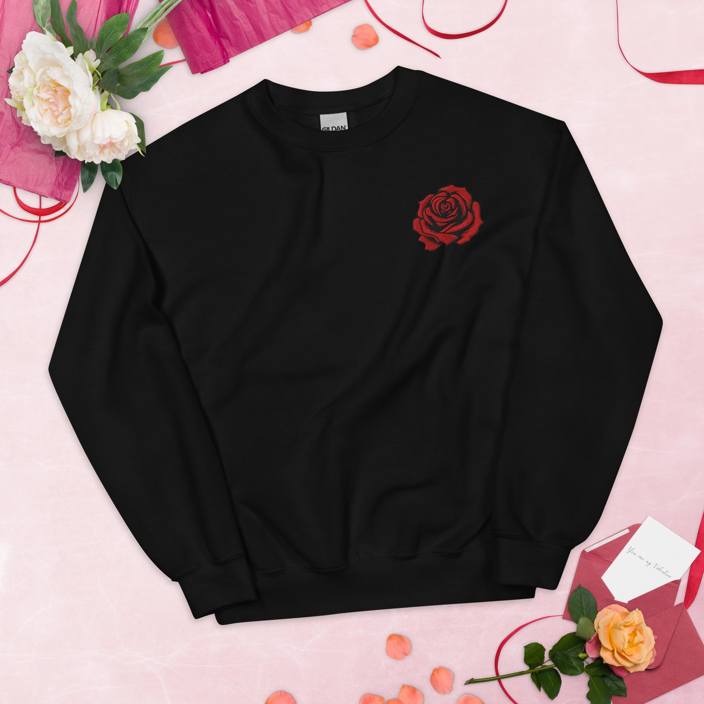 Image: Red Rose Embroidered Sweatshirt, available in Black or Sand. Features a deep red rose with black edges. Perfect for Valentine's Day or a romantic gift, by jaecrece