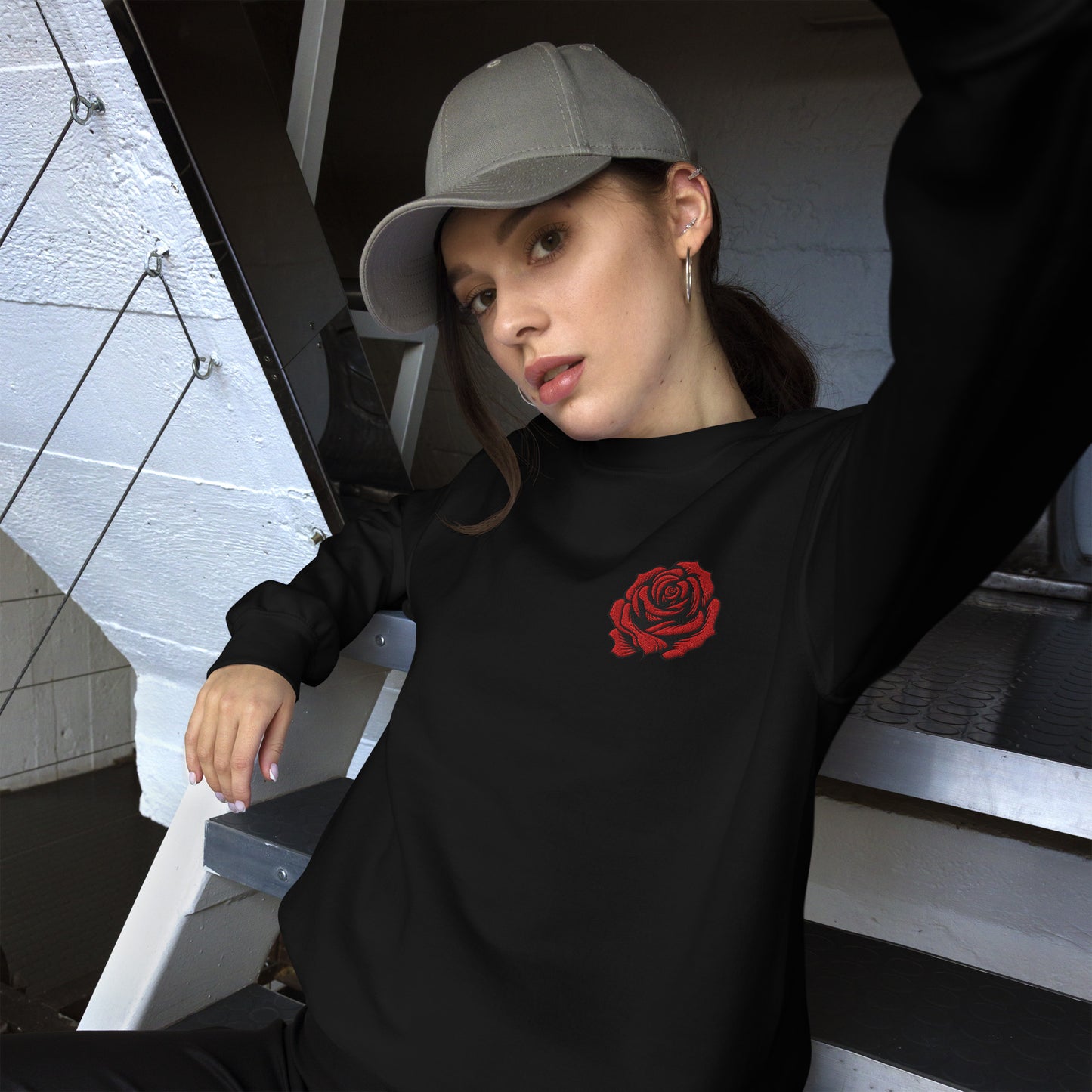 Image: Red Rose Embroidered Sweatshirt, available in Black or Sand. Features a deep red rose with black edges. Perfect for Valentine's Day or a romantic gift, by jaecrece