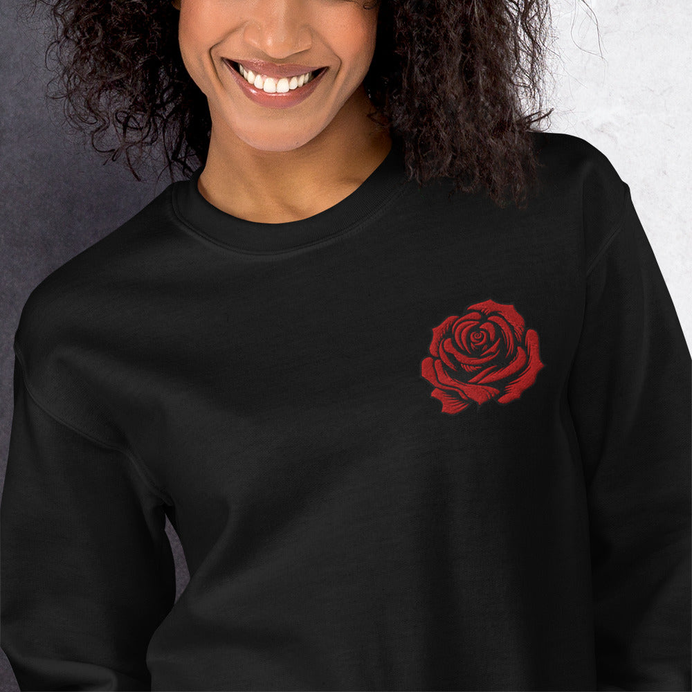 Image: Red Rose Embroidered Sweatshirt, available in Black or Sand. Features a deep red rose with black edges. Perfect for Valentine's Day or a romantic gift, by jaecrece