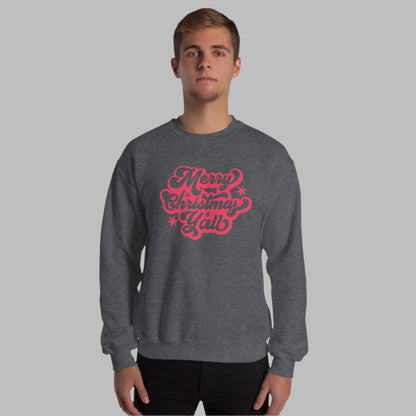 Merry Christmas Y'all Unisex Holiday Adult Sweatshirt, featuring large cursive script with reads Merry Christmas Y'all in red lettering. The perfect Southern Christmas gift or present, extended/ plus size available. by jaecrece