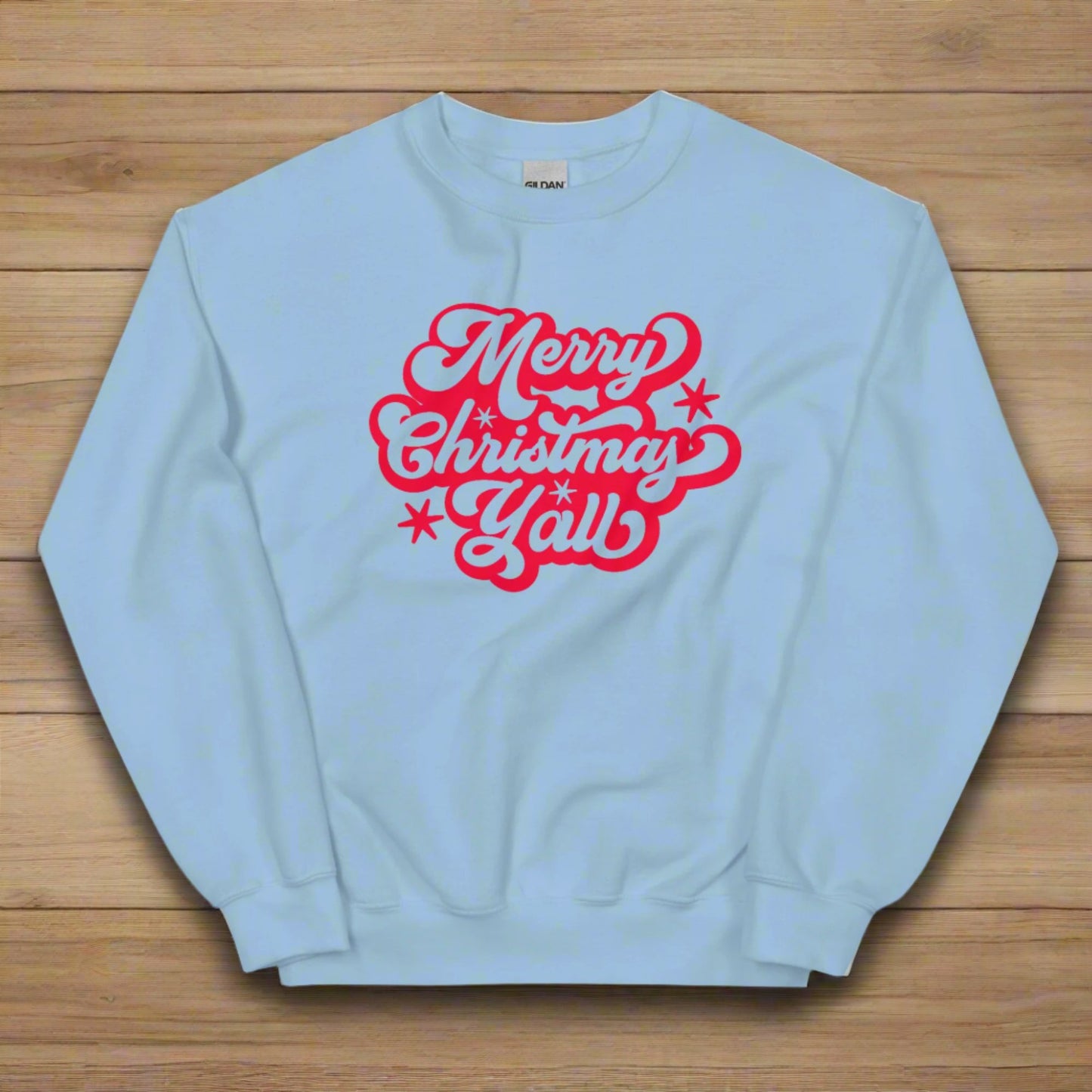 Merry Christmas Y'all Unisex Holiday Adult Sweatshirt, featuring large cursive script with reads Merry Christmas Y'all in red lettering. The perfect Southern Christmas gift or present, extended/ plus size available. by jaecrece