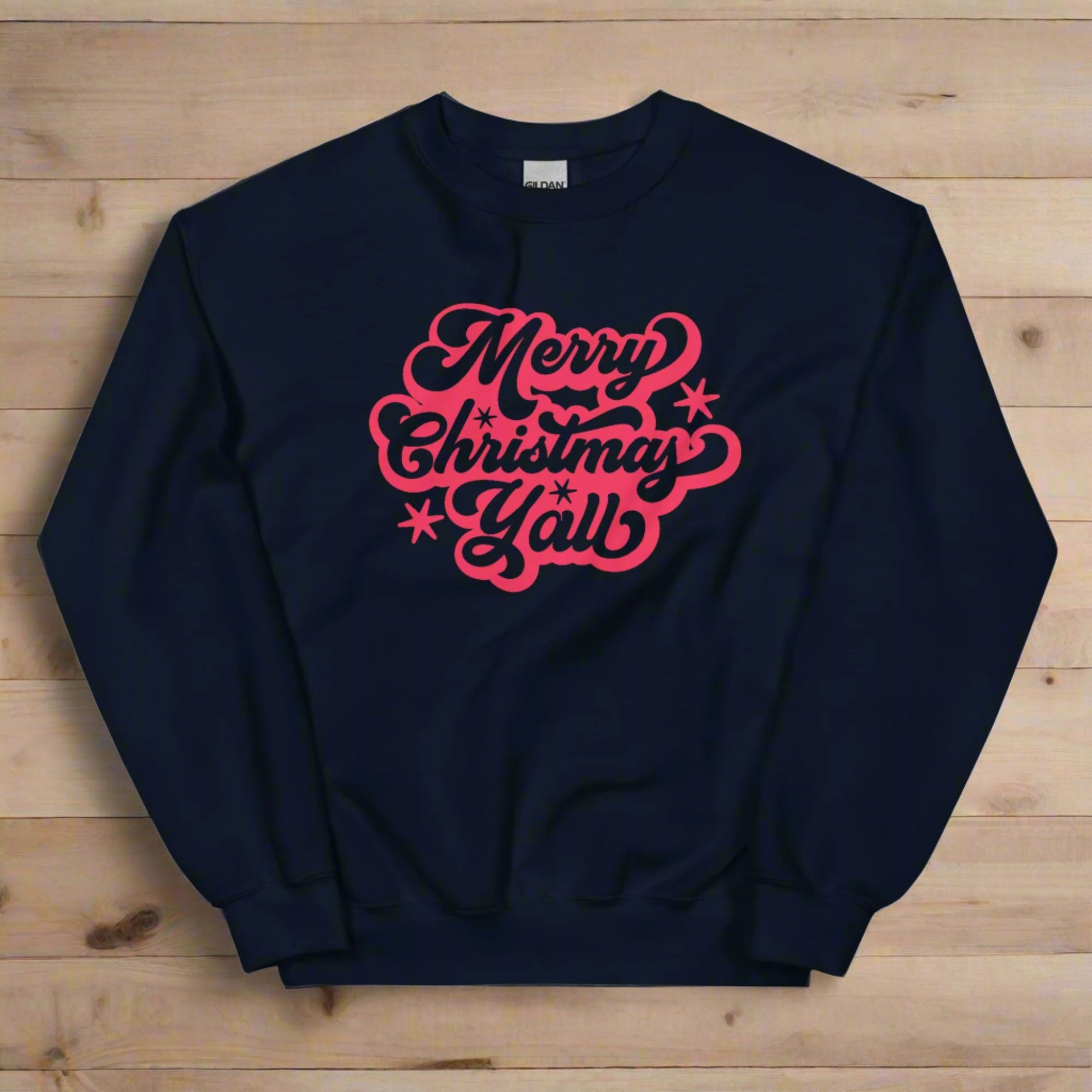 Merry Christmas Y'all Unisex Holiday Adult Sweatshirt, featuring large cursive script with reads Merry Christmas Y'all in red lettering. The perfect Southern Christmas gift or present, extended/ plus size available. by jaecrece