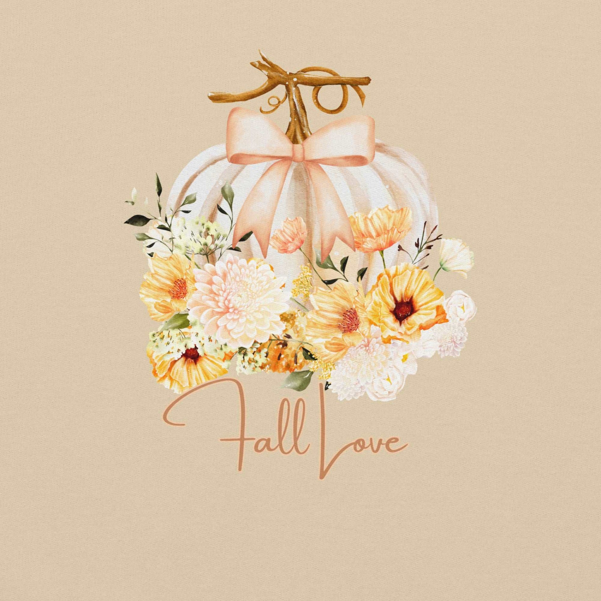 Fall Love Ladies Sweatshirt, this is a Sand colored Gildan Sweatshirt, with a graphic of a white pumpkin with a peach ribbon. The pumpkin is surrounded by a garland of fall leaves and flowers, with the text- Fall Love, by jaecrece