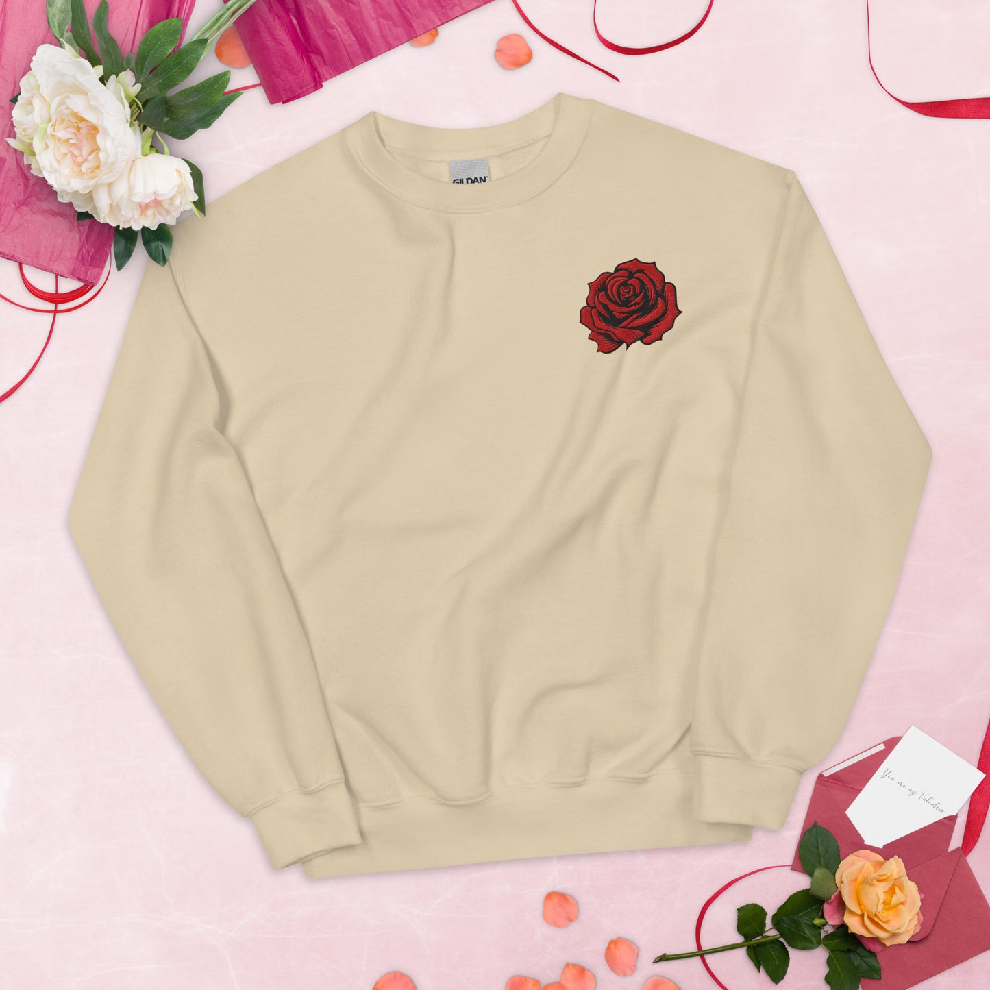 Image: Red Rose Embroidered Sweatshirt, available in Black or Sand. Features a deep red rose with black edges. Perfect for Valentine's Day or a romantic gift, by jaecrece