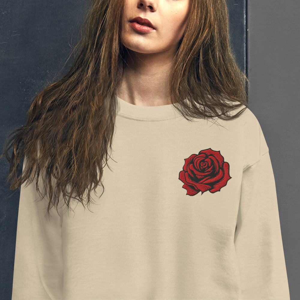 Image: Red Rose Embroidered Sweatshirt, available in Black or Sand. Features a deep red rose with black edges. Perfect for Valentine's Day or a romantic gift, by jaecrece