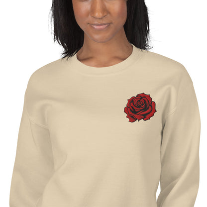 Image: Red Rose Embroidered Sweatshirt, available in Black or Sand. Features a deep red rose with black edges. Perfect for Valentine's Day or a romantic gift, by jaecrece