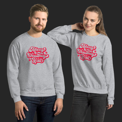 Merry Christmas Y'all Unisex Holiday Adult Sweatshirt, featuring large cursive script with reads Merry Christmas Y'all in red lettering. The perfect Southern Christmas gift or present, extended/ plus size available. by jaecrece