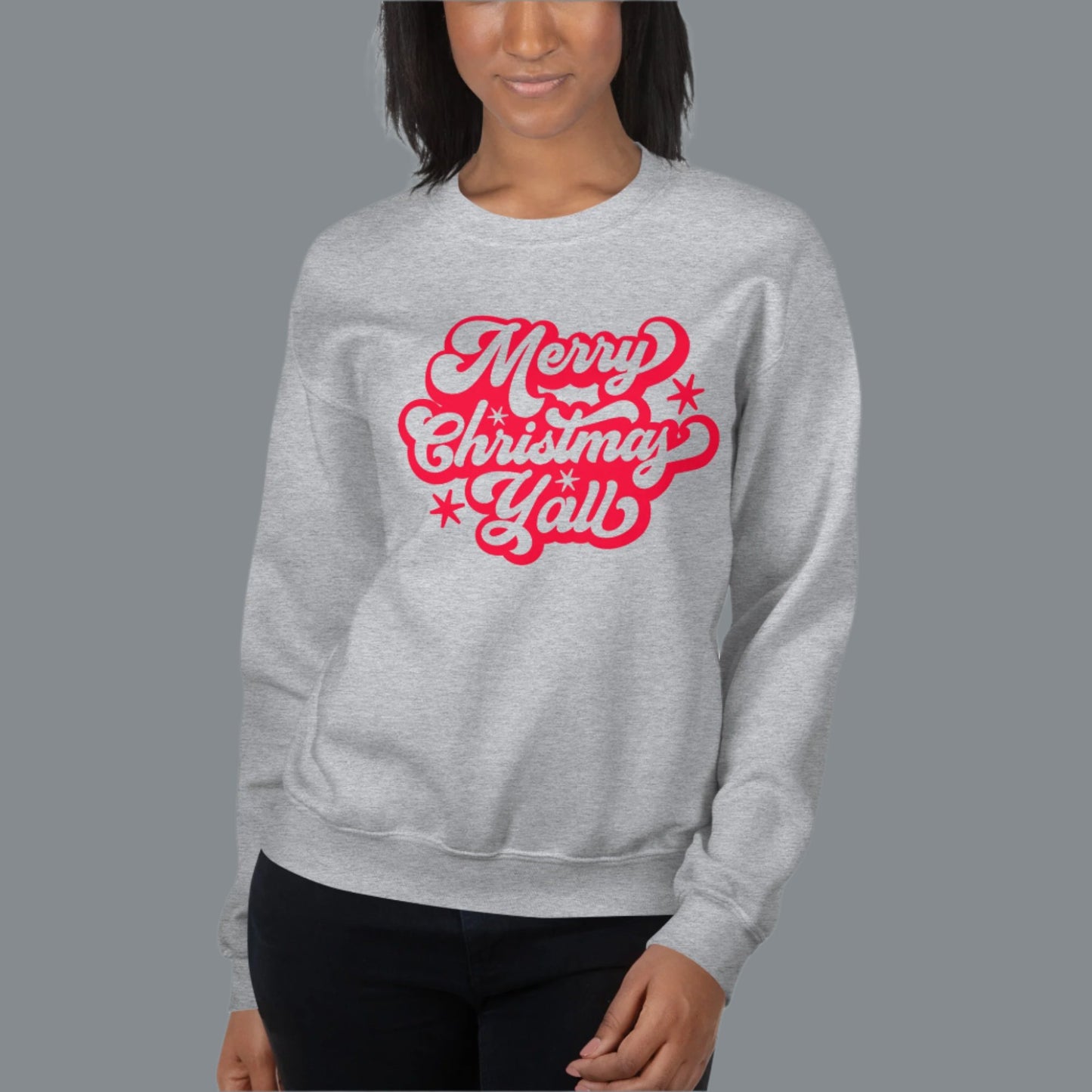 Merry Christmas Y'all Unisex Holiday Adult Sweatshirt, featuring large cursive script with reads Merry Christmas Y'all in red lettering. The perfect Southern Christmas gift or present, 3extended/ plus size available. by jaecrece