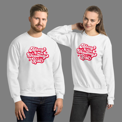 Merry Christmas Y'all Unisex Holiday Adult Sweatshirt, featuring large cursive script with reads Merry Christmas Y'all in red lettering. The perfect Southern Christmas gift or present, extended/ plus size available. by jaecrece