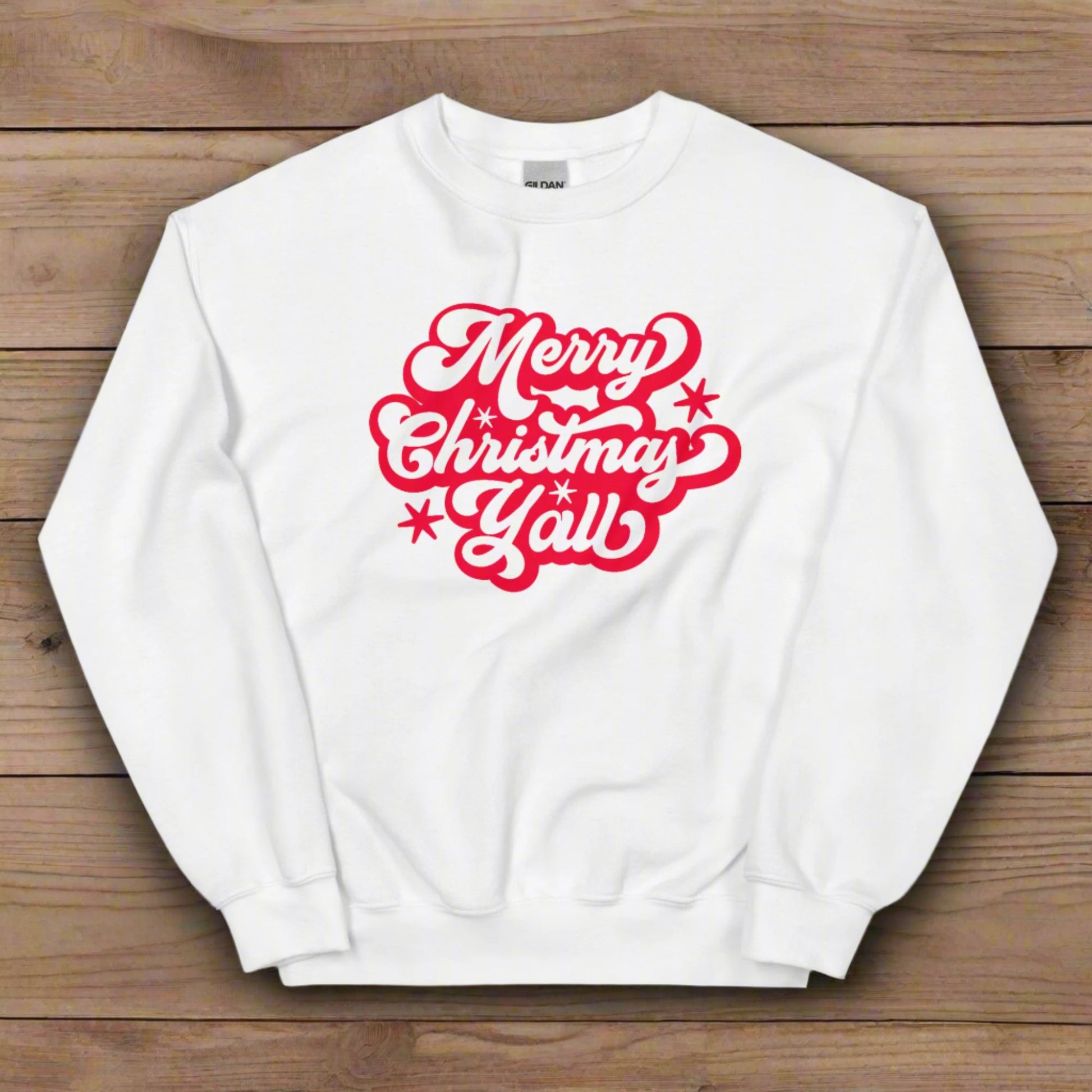 Merry Christmas Y'all Unisex Holiday Adult Sweatshirt, featuring large cursive script with reads Merry Christmas Y'all in red lettering. The perfect Southern Christmas gift or present, extended/ plus size available. by jaecrece