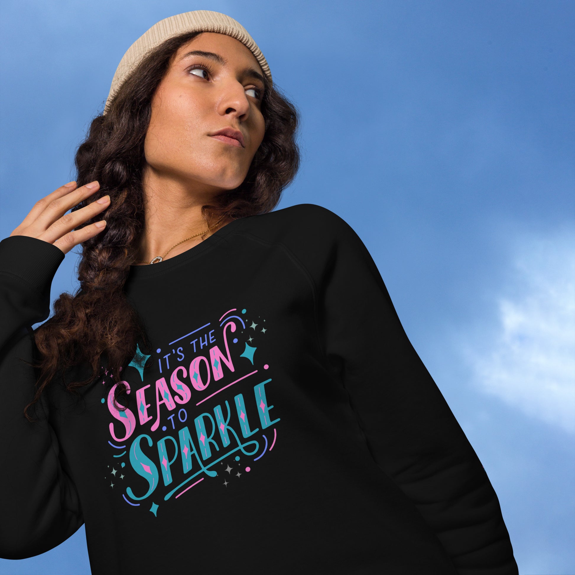 100% organic cotton sweatshirt that reads "it's the season to sparkle" in pink and teal lettering, by jaecrece.com