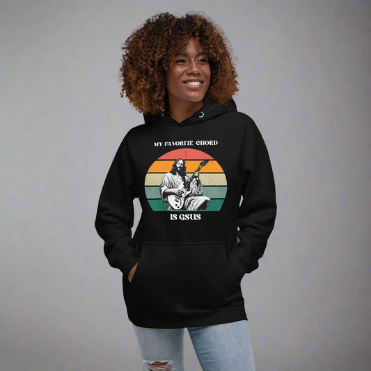 My Favorite Chord is GSUS Unisex Hoodie. This sweatshirt featres a retro graphic of Jesus playing the guitar, with the text My Favorite Chord is GSUS - jaecrece