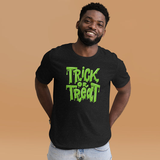 Unisex Trick or Treat Halloween t-shirt featuring bold green slime ooze lettering. Perfect for spooky season, this adult cotton tee offers a creepy, playful twist for Halloween parties or casual October outfits. Available in sizes XS–5XL, it's a fun, comfortable option for anyone who loves horror, trick-or-treating, and Halloween costume alternatives.