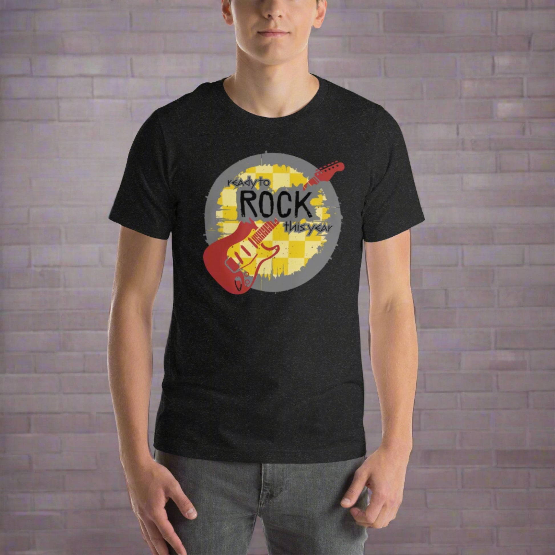 Black adult tshirt, with a mustard yellow checkerboard background. Maroon guitar. The rock and roll font reads "Ready to rock this year", by jaecrece.com