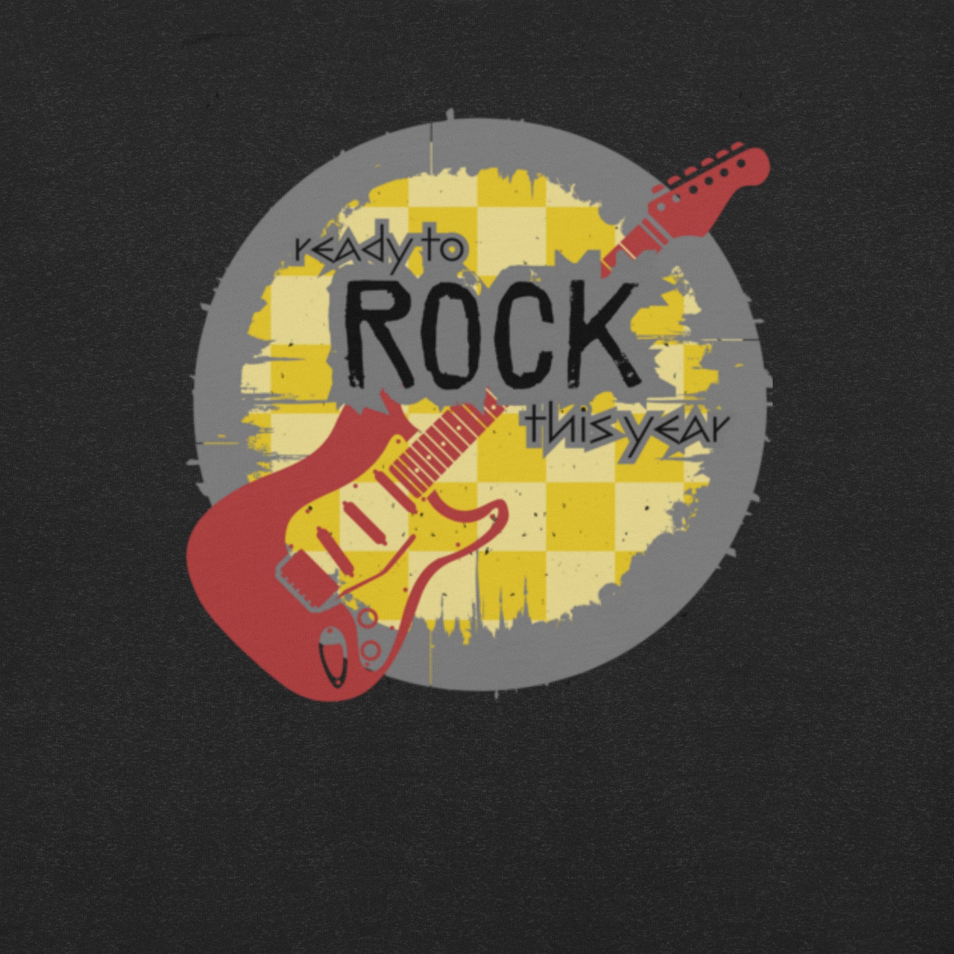 Black adult tshirt, with a mustard yellow checkerboard background. Maroon guitar. The rock and roll font reads "Ready to rock this year", by jaecrece.com