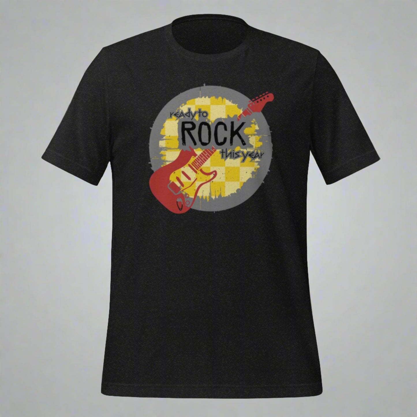 Black adult tshirt, with a mustard yellow checkerboard background. Maroon guitar. The rock and roll font reads "Ready to rock this year", by jaecrece.com