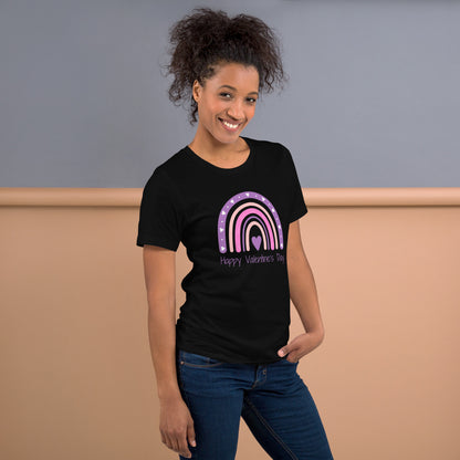 Image: Hearts and Rainbows Mommy and Me Happy Valentines Shirt in pink, white and black. This short sleeved shirt features a boho aesthetic rainbow in pinks and purples with hearts. The text reads Happy Valentines Day, by jaecrece