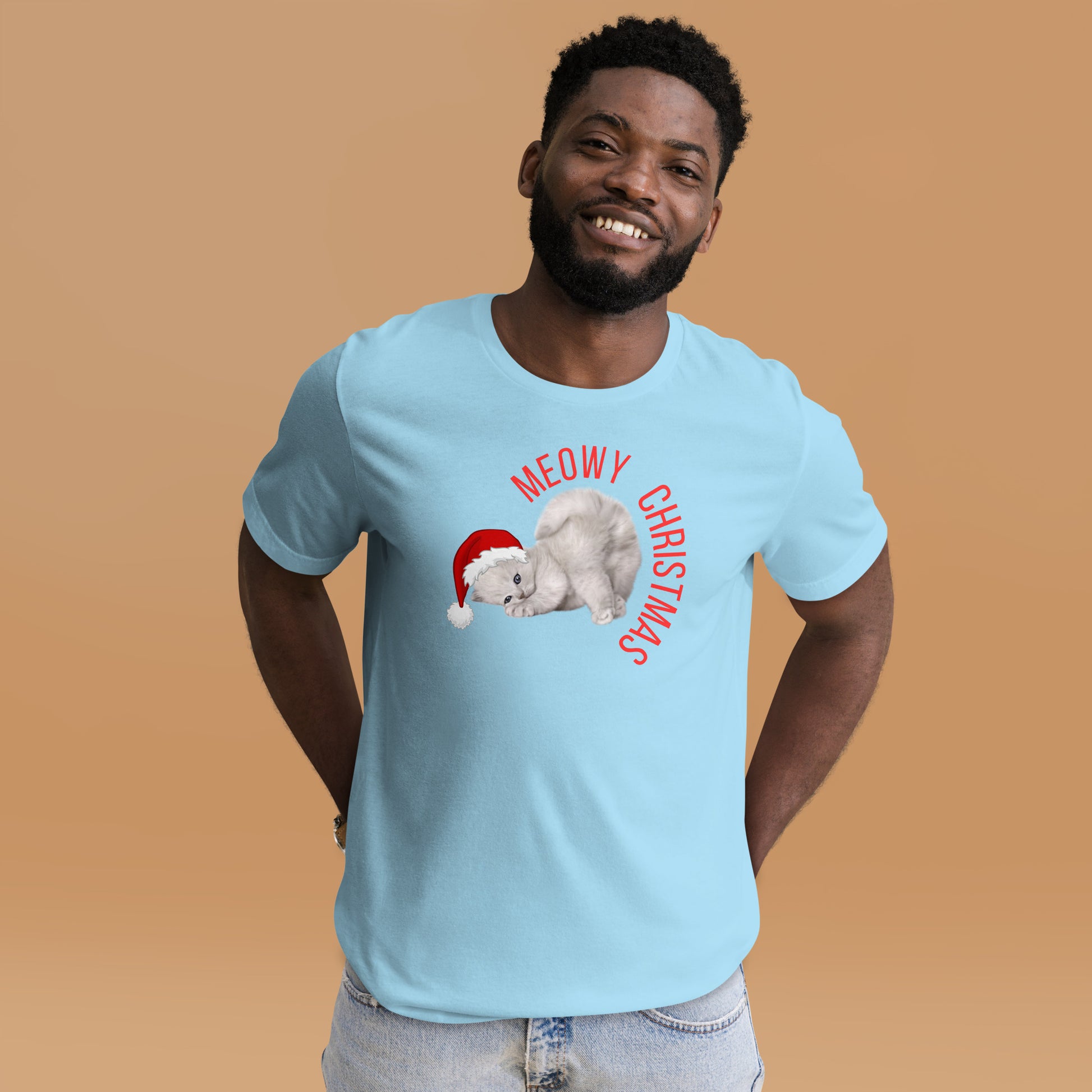 Add a touch of humor to your holiday wardrobe with this Meowy Christmas adult unisex tee featuring a large print of a festive grey kitten in a Santa hat. Designed for cat fans and lovers of Christmas puns, this shirt is available in sizes XS–5XL and is part of a matching family collection with coordinating kids’ options and a festive blanket. A cozy, funny pick for family photos or cat-themed holiday gifts