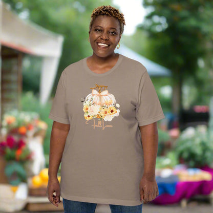 Fall Love Tshirt, featuring a white pumpkin with a peach ribbon, surrounded by fall flowers. The text reads fall, love, by jaecrece.