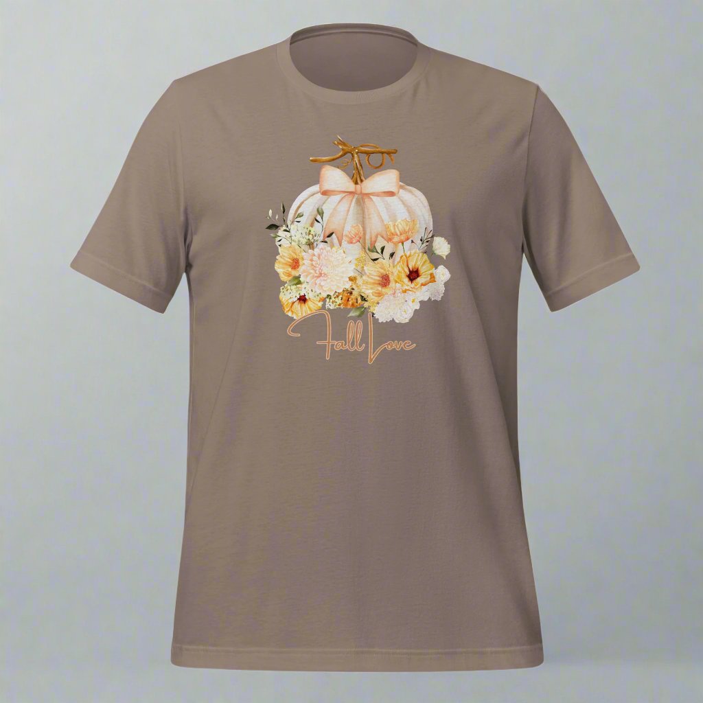 Fall Love Tshirt, featuring a white pumpkin with a peach ribbon, surrounded by fall flowers. The text reads fall, love, by jaecrece.