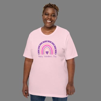 Image: Hearts and Rainbows Mommy and Me Happy Valentines Shirt in pink, white and black. This short sleeved shirt features a boho aesthetic rainbow in pinks and purples with hearts. The text reads Happy Valentines Day, by jaecrece