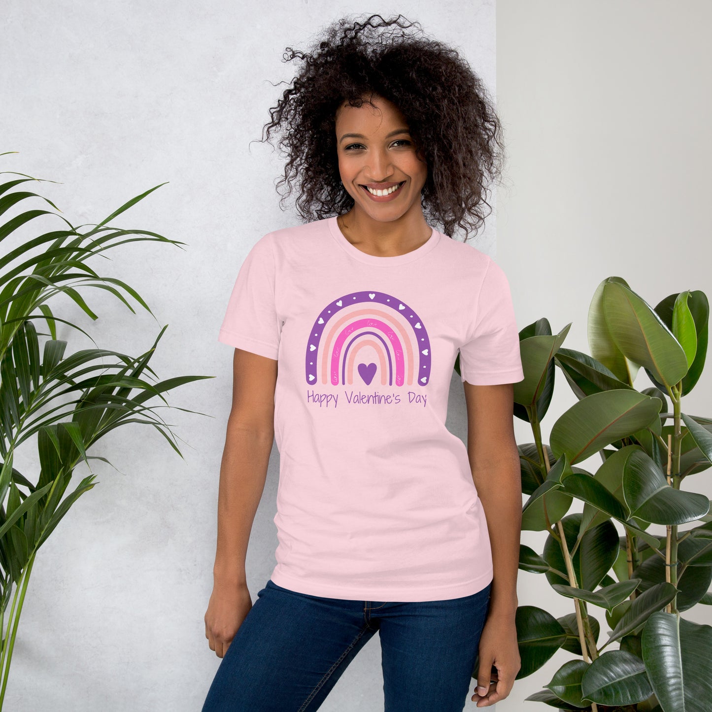 Image: Hearts and Rainbows Mommy and Me Happy Valentines Shirt in pink, white and black. This short sleeved shirt features a boho aesthetic rainbow in pinks and purples with hearts. The text reads Happy Valentines Day, by jaecrece