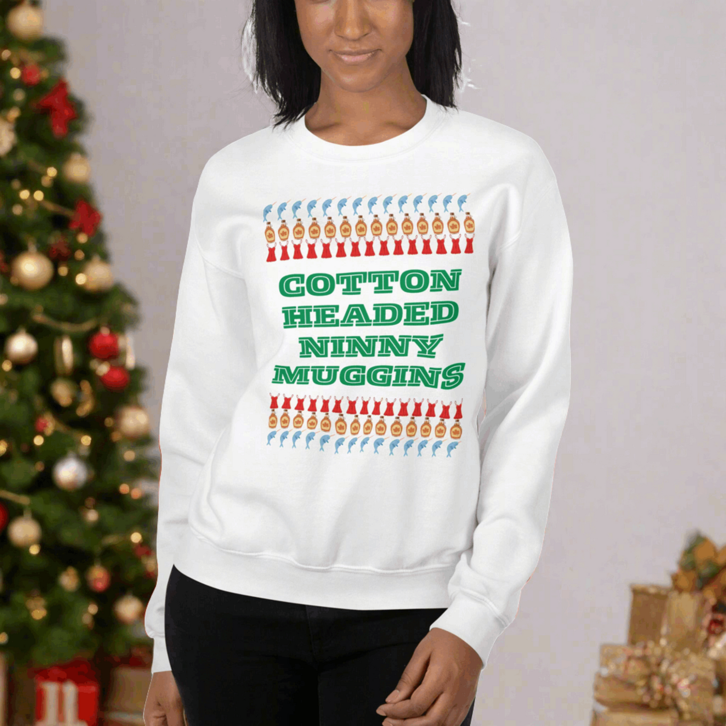 Celebrate the season with this unisex Cotton Headed Ninny Muggins sweatshirt. Inspired by the classic Elf quote, this cozy crewneck is crafted from a cotton-poly blend for comfort and durability. A fun, humorous addition to your holiday wardrobe, perfect for Christmas parties, office celebrations, or as a quirky gift for fans of Buddy the Elf and funny festive apparel.