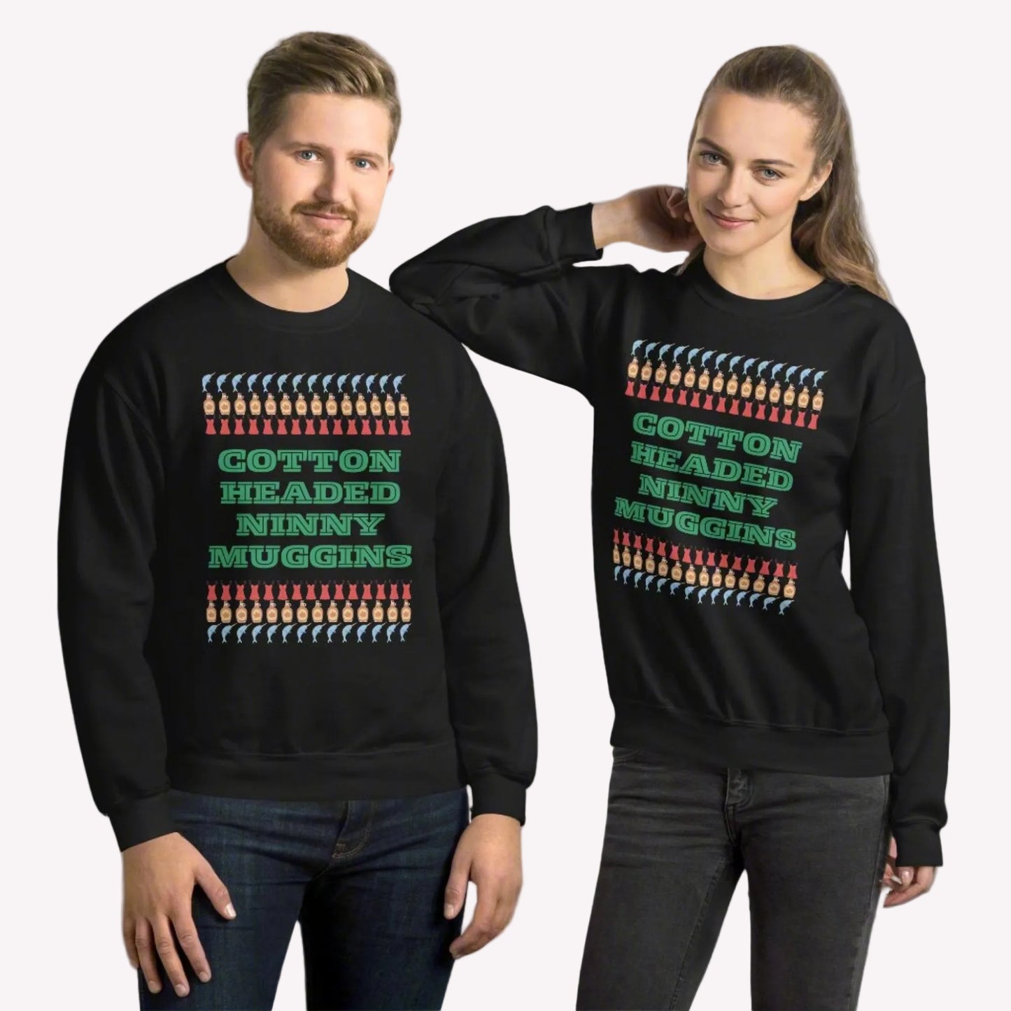 Image shows a unisex Cotton Headed Ninny Muggins sweatshirt worn in a casual holiday outfit. This pre-shrunk classic fit crewneck is made for cozy Christmas mornings and festive movie marathons. A perfect holiday gift for fans of the Elf movie, this funny sweatshirt adds charm and warmth to your seasonal style, whether at a party or curled up with cocoa.