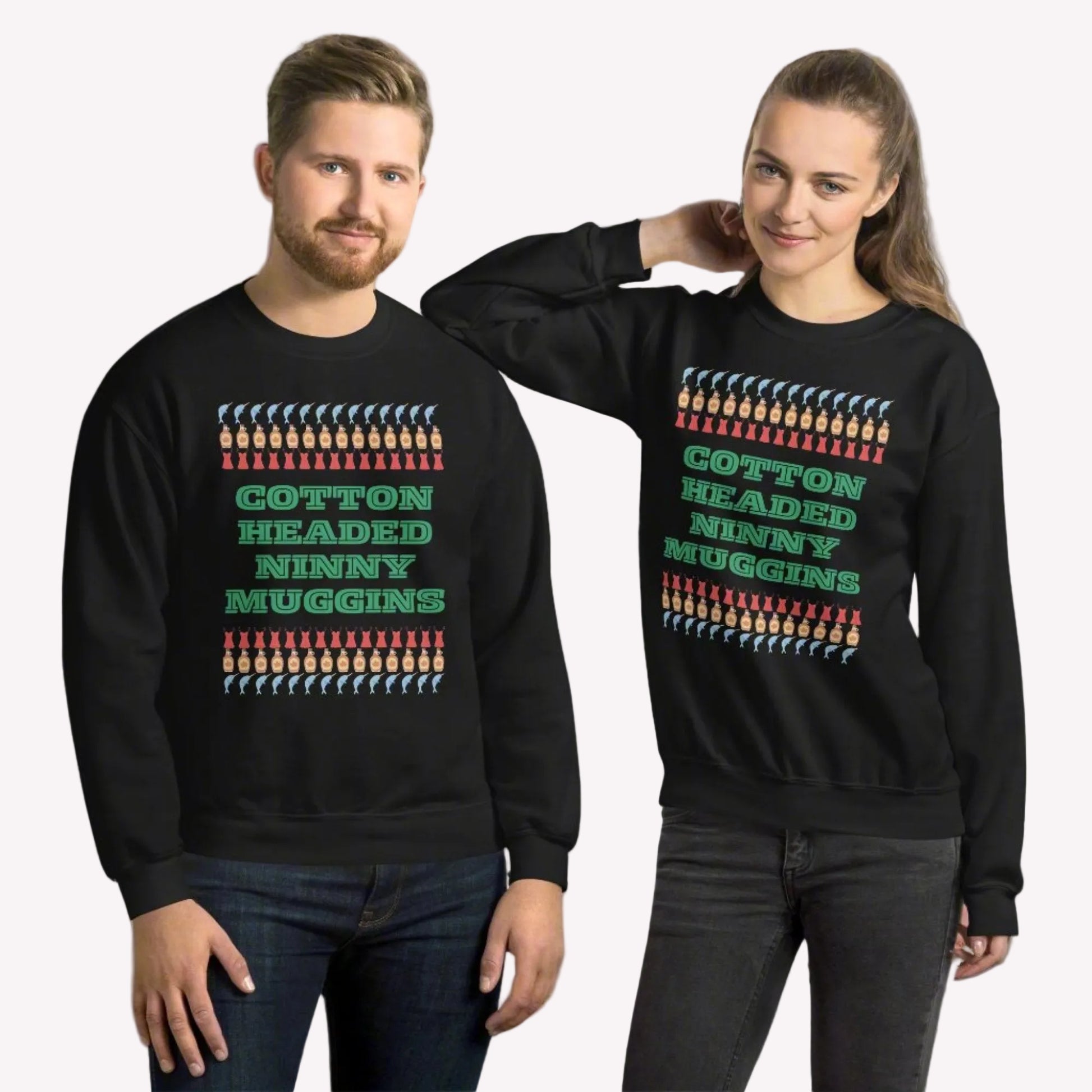 Image shows a unisex Cotton Headed Ninny Muggins sweatshirt worn in a casual holiday outfit. This pre-shrunk classic fit crewneck is made for cozy Christmas mornings and festive movie marathons. A perfect holiday gift for fans of the Elf movie, this funny sweatshirt adds charm and warmth to your seasonal style, whether at a party or curled up with cocoa.