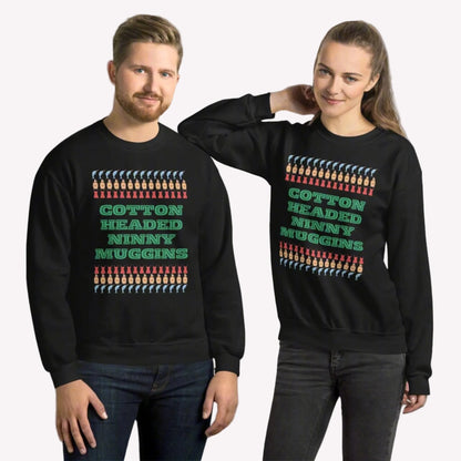 Image shows a unisex Cotton Headed Ninny Muggins sweatshirt worn in a casual holiday outfit. This pre-shrunk classic fit crewneck is made for cozy Christmas mornings and festive movie marathons. A perfect holiday gift for fans of the Elf movie, this funny sweatshirt adds charm and warmth to your seasonal style, whether at a party or curled up with cocoa.